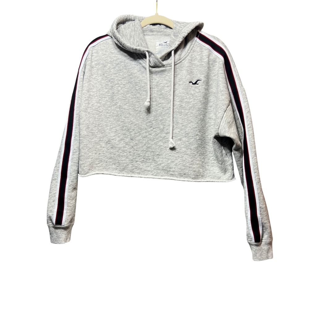 Hollister Crop Hoodie Sweatshirt Striped Sleeve‎ Raw Hem Gray Medium